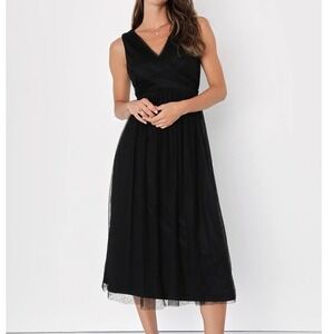 NWT Lulus Mesmerized By You Black Dotted Tulle Midi‎ Dress V Neck XL